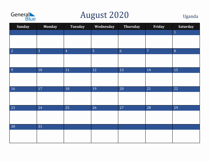 August 2020 Uganda Calendar (Sunday Start)