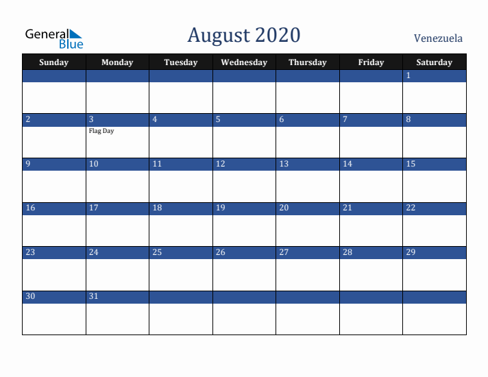 August 2020 Venezuela Calendar (Sunday Start)