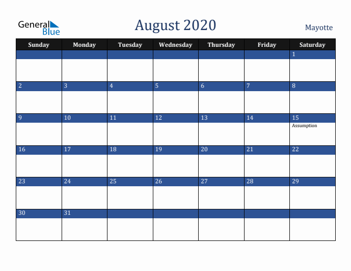 August 2020 Mayotte Calendar (Sunday Start)