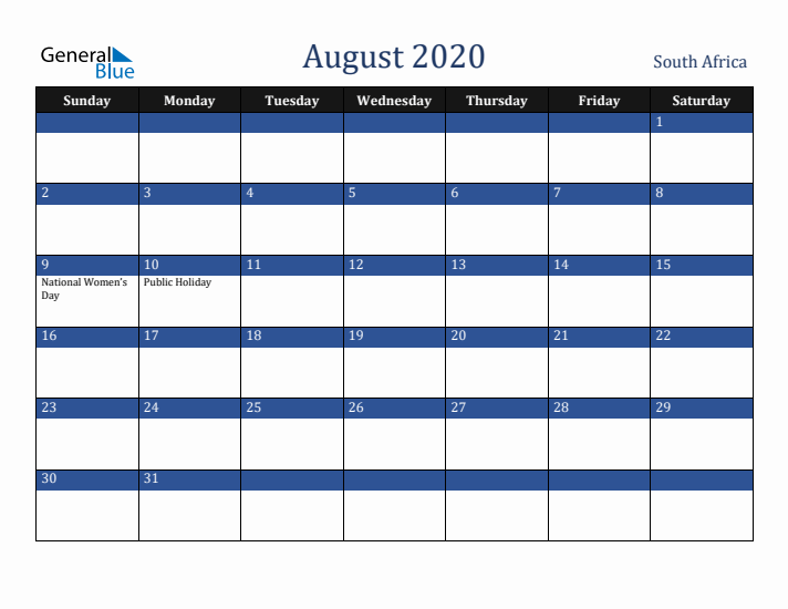August 2020 South Africa Calendar (Sunday Start)