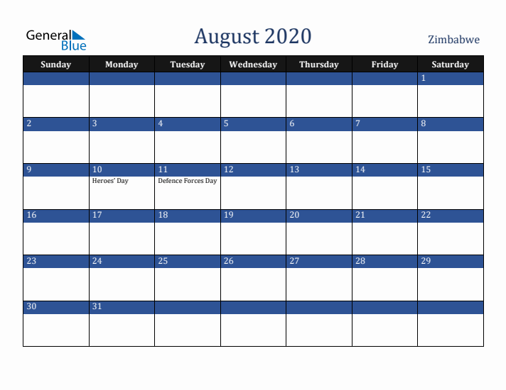 August 2020 Zimbabwe Calendar (Sunday Start)