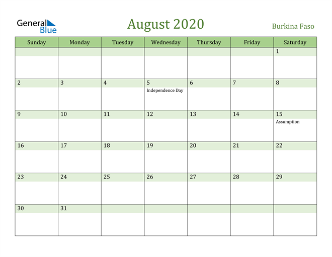 August 2020 Calendar with Burkina Faso Holidays