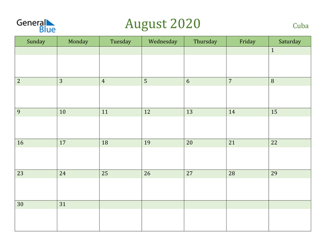 August 2020 Calendar with Cuba Holidays