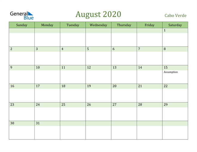 August 2020 Calendar with Cabo Verde Holidays