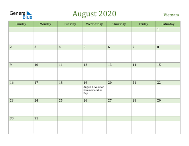 August 2020 Calendar with Vietnam Holidays