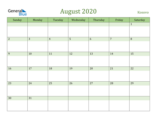 August 2020 Calendar with Kosovo Holidays