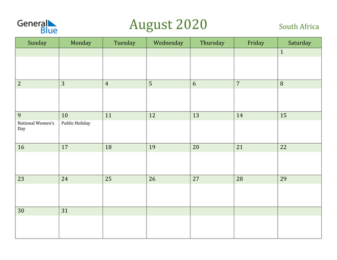 August 2020 Calendar with South Africa Holidays