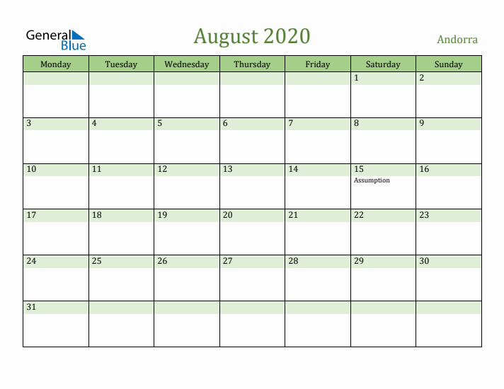 August 2020 Calendar with Andorra Holidays