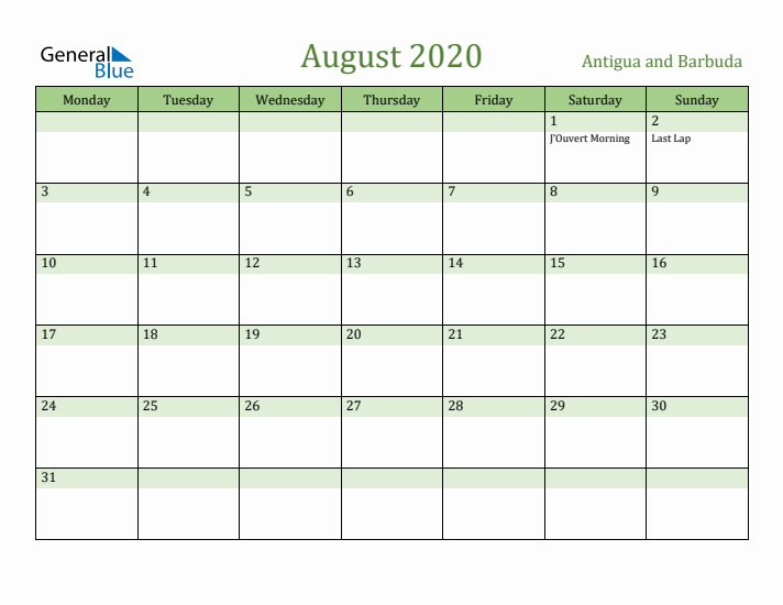 August 2020 Calendar with Antigua and Barbuda Holidays