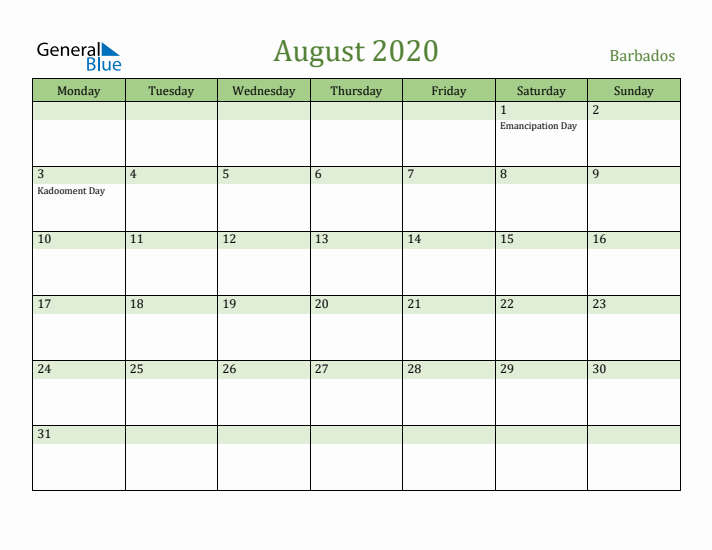 August 2020 Calendar with Barbados Holidays