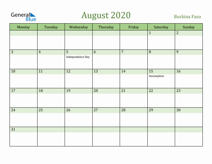 August 2020 Calendar with Burkina Faso Holidays