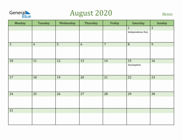 August 2020 Calendar with Benin Holidays