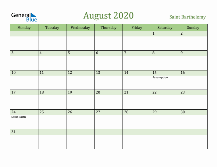 August 2020 Calendar with Saint Barthelemy Holidays