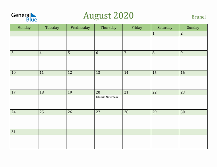 August 2020 Calendar with Brunei Holidays