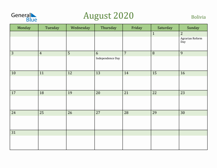 August 2020 Calendar with Bolivia Holidays