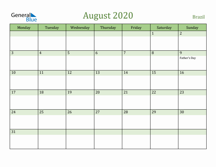 August 2020 Calendar with Brazil Holidays