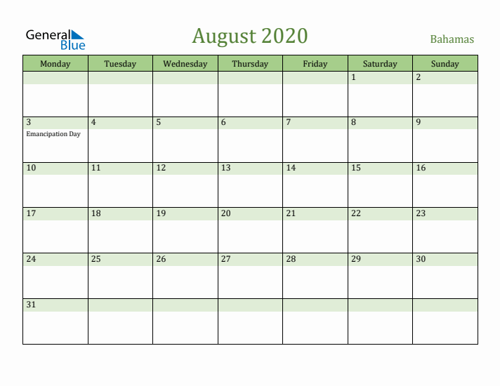 August 2020 Calendar with Bahamas Holidays