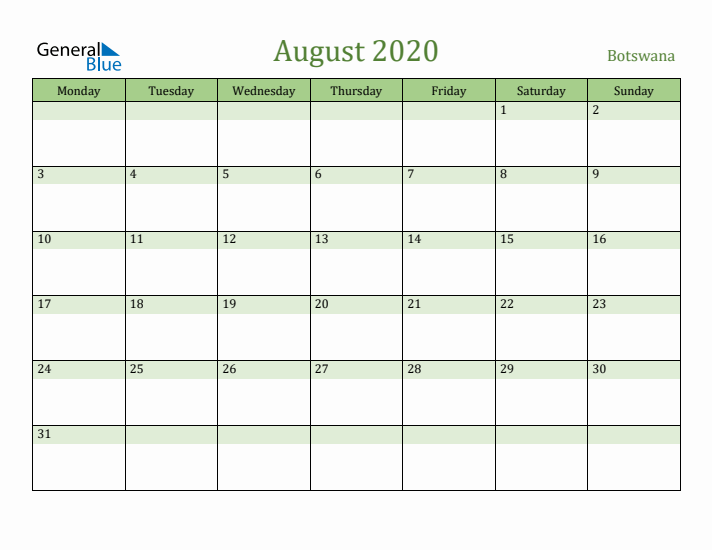 August 2020 Calendar with Botswana Holidays