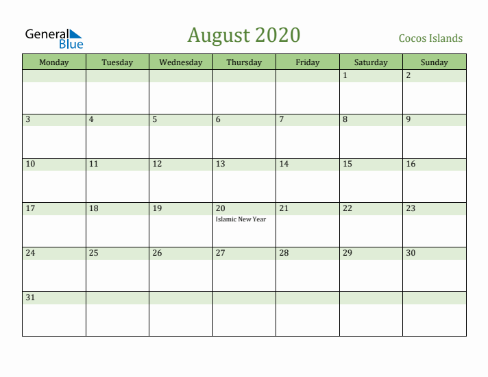 August 2020 Calendar with Cocos Islands Holidays