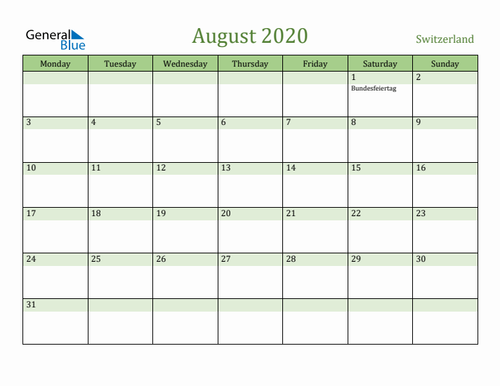 August 2020 Calendar with Switzerland Holidays