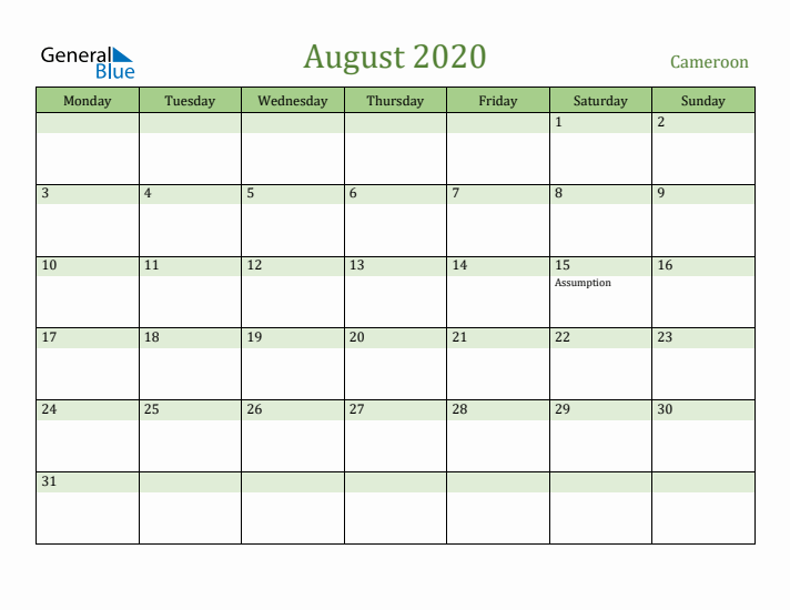 August 2020 Calendar with Cameroon Holidays