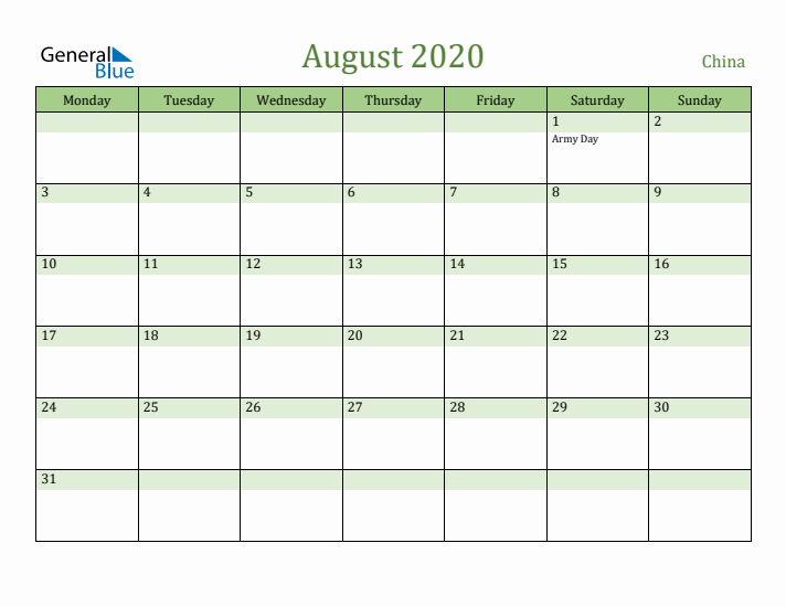 August 2020 Calendar with China Holidays