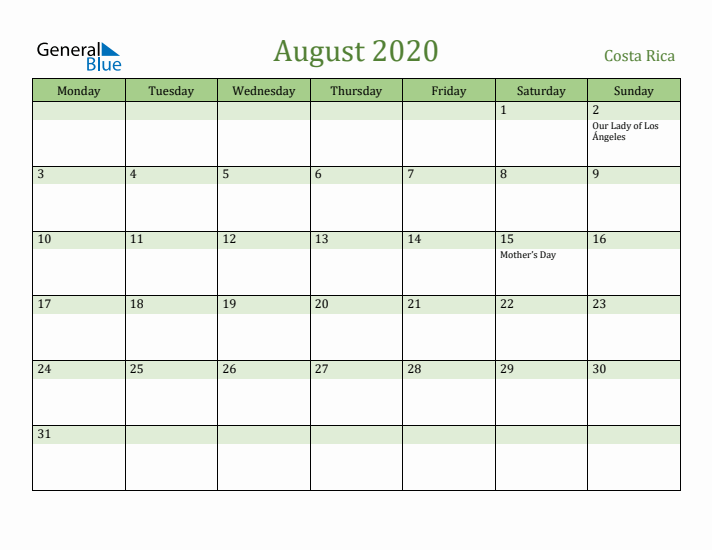 August 2020 Calendar with Costa Rica Holidays