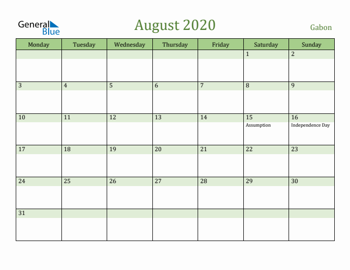 August 2020 Calendar with Gabon Holidays