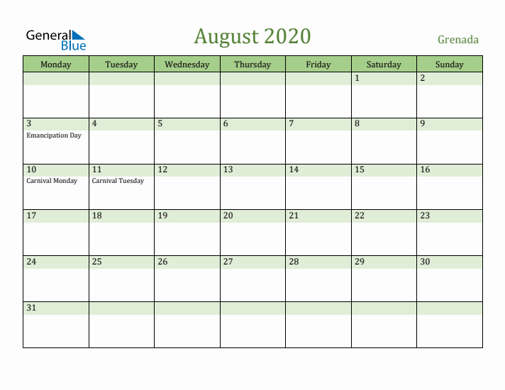 August 2020 Calendar with Grenada Holidays