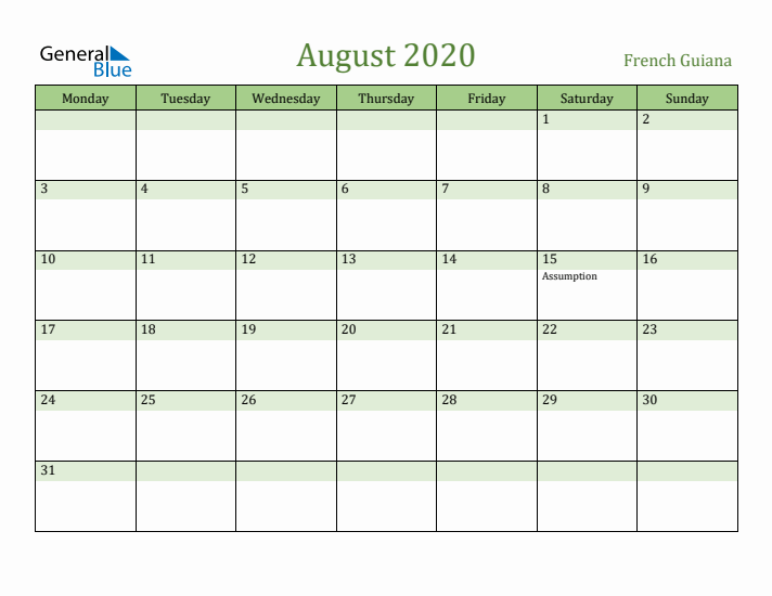 August 2020 Calendar with French Guiana Holidays