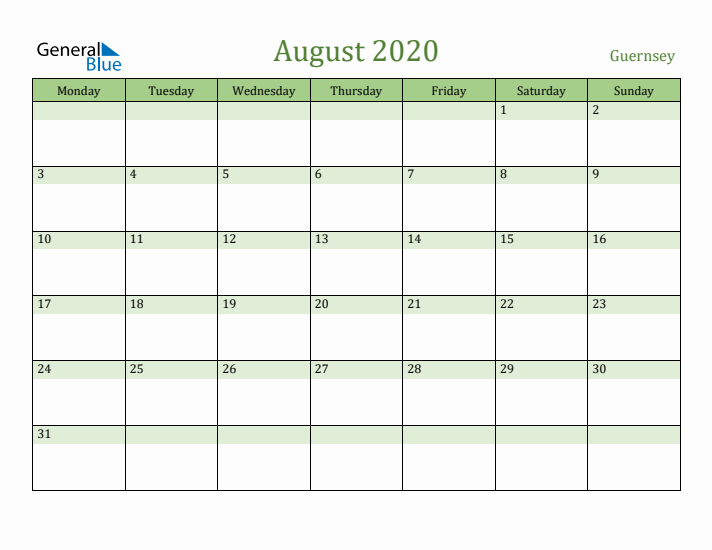 August 2020 Calendar with Guernsey Holidays