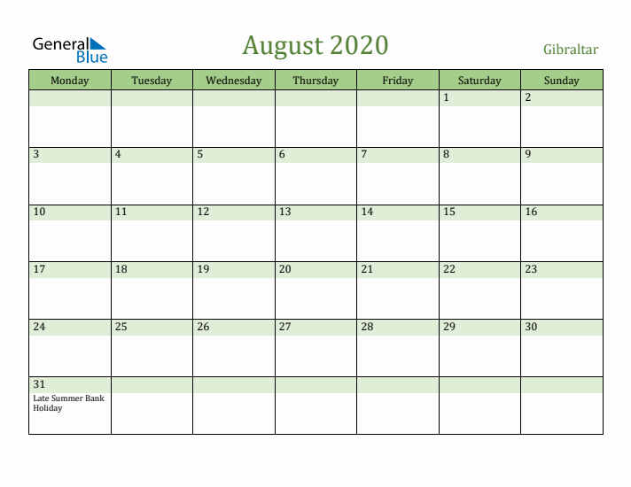 August 2020 Calendar with Gibraltar Holidays