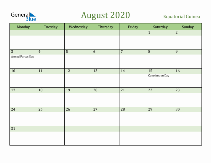 August 2020 Calendar with Equatorial Guinea Holidays