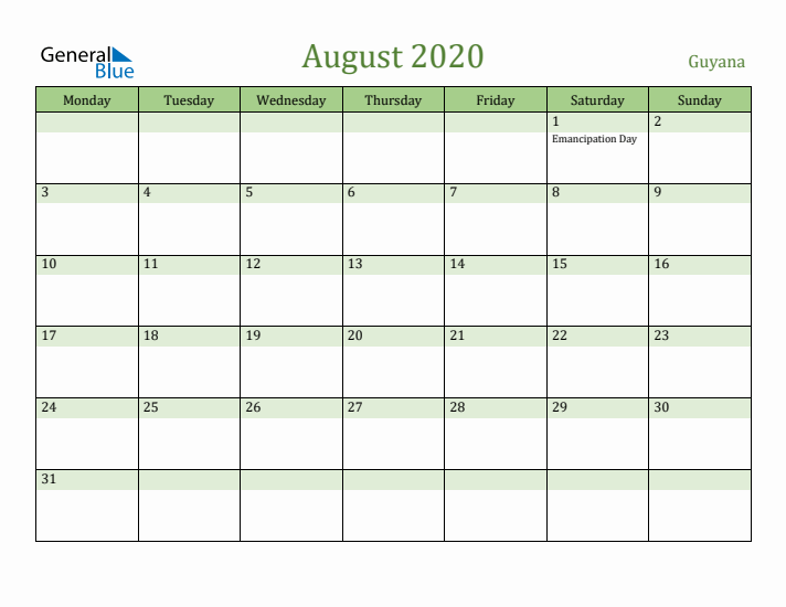 August 2020 Calendar with Guyana Holidays