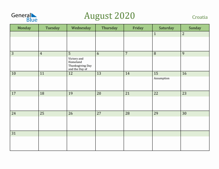 August 2020 Calendar with Croatia Holidays