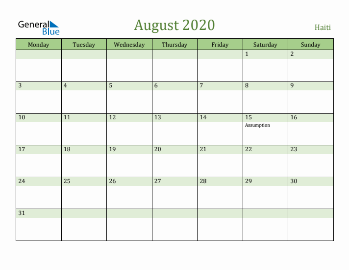 August 2020 Calendar with Haiti Holidays