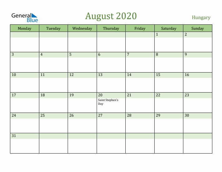 August 2020 Calendar with Hungary Holidays