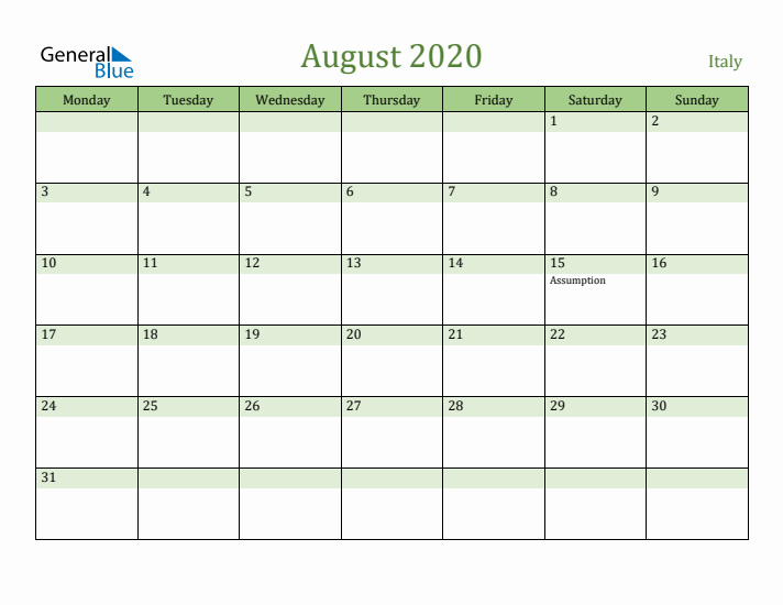 August 2020 Calendar with Italy Holidays