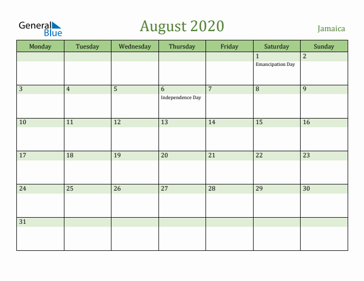 August 2020 Calendar with Jamaica Holidays