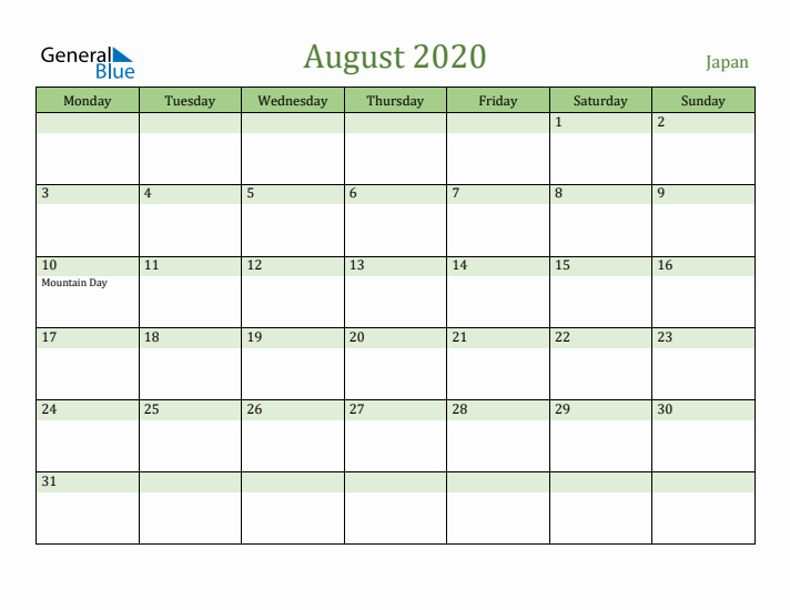 August 2020 Calendar with Japan Holidays