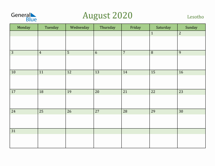 August 2020 Calendar with Lesotho Holidays