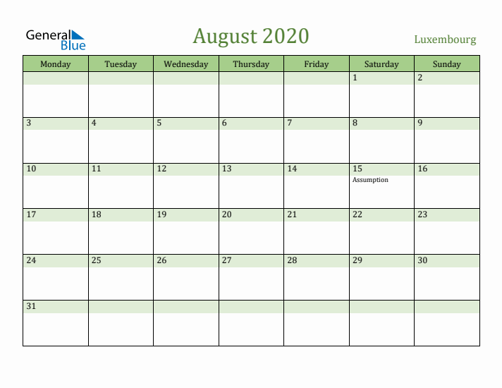 August 2020 Calendar with Luxembourg Holidays