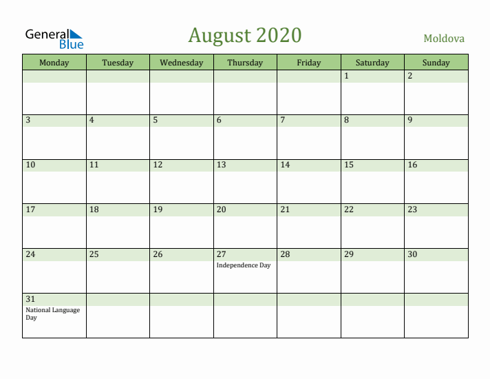 August 2020 Calendar with Moldova Holidays