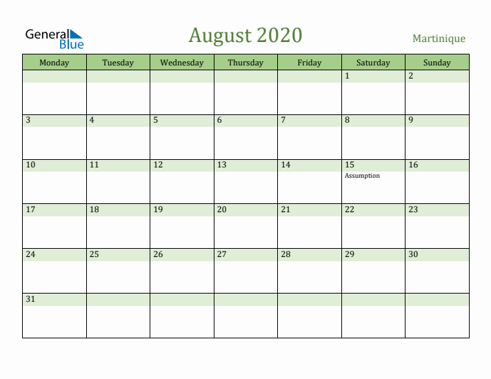 August 2020 Calendar with Martinique Holidays