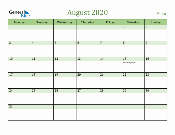 August 2020 Calendar with Malta Holidays