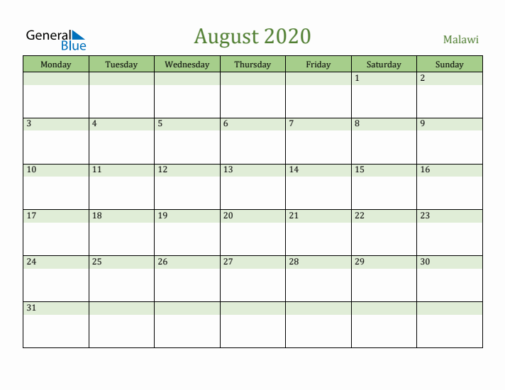 August 2020 Calendar with Malawi Holidays