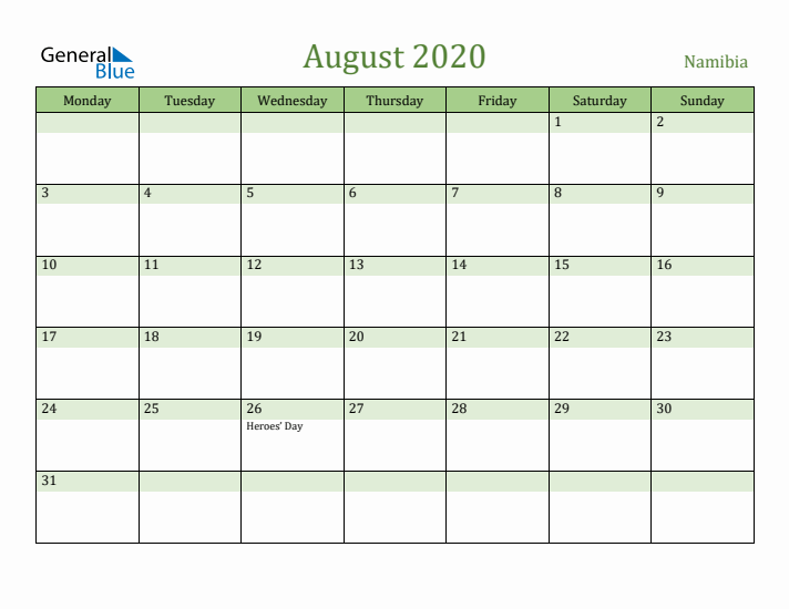 August 2020 Calendar with Namibia Holidays