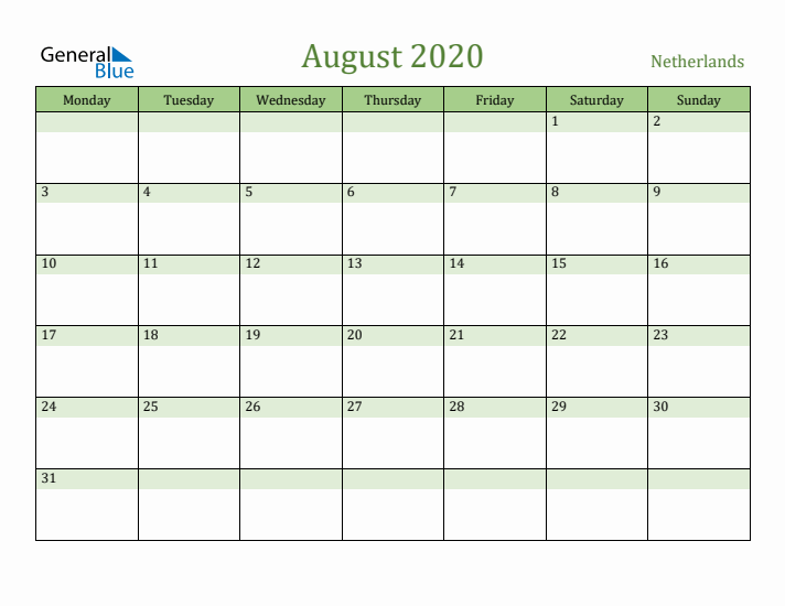 August 2020 Calendar with The Netherlands Holidays