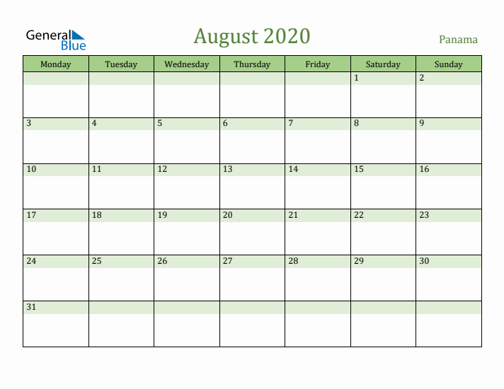 August 2020 Calendar with Panama Holidays