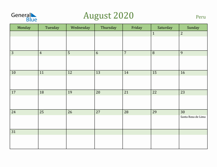 August 2020 Calendar with Peru Holidays